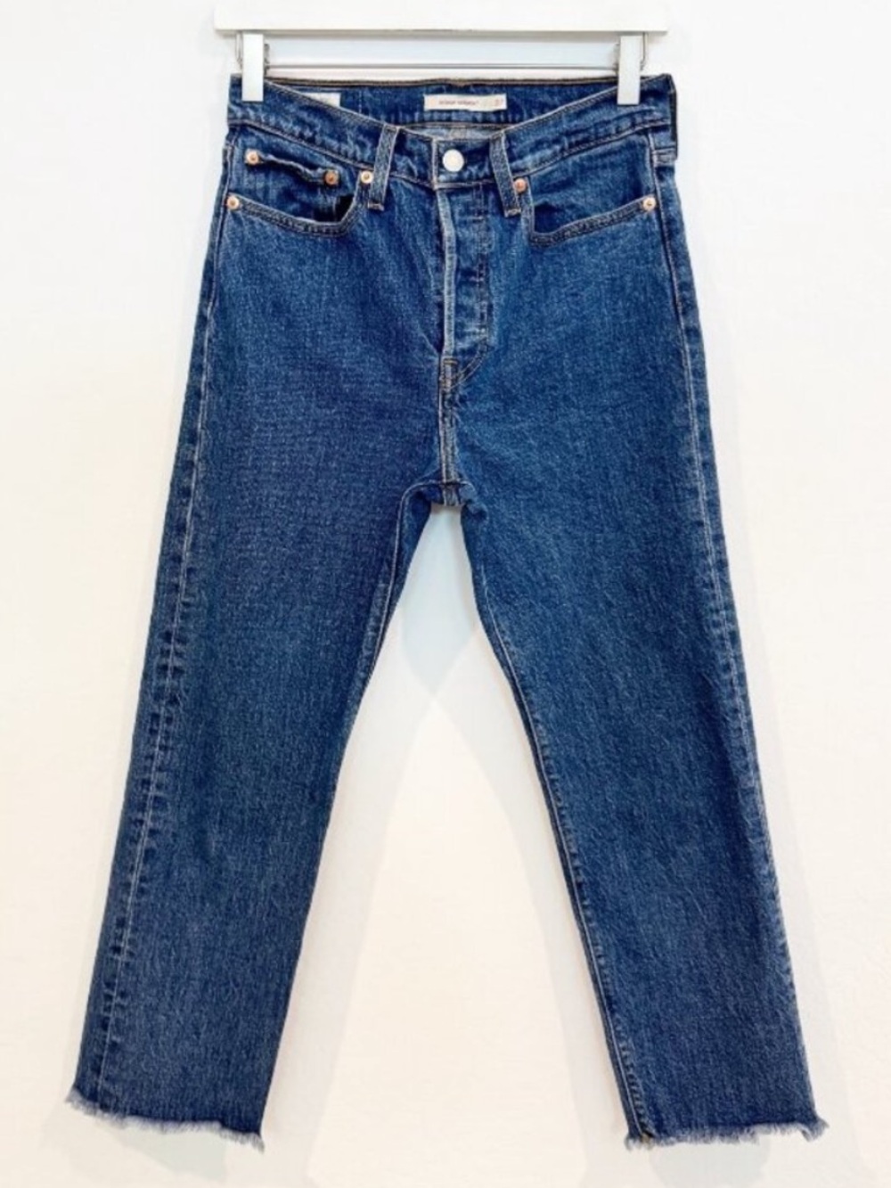 Levis Wedgie Jeans Size 27 Blue Dark Wash Frayed Raw Hem Button Fly Downtown Gir